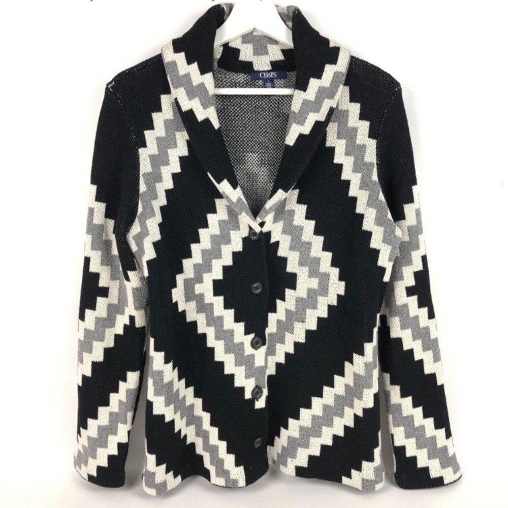 🦓 Chaps Black and Gray Patterned Cardigan NWT🦓